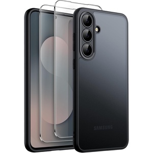 image:imageJETech 3 in 1 Matte Case for Samsung Galaxy S25 FE Black  2 Tempered Glass Screen Protectors Camera Lens Protection Translucent Frosted Phone CoverBlack