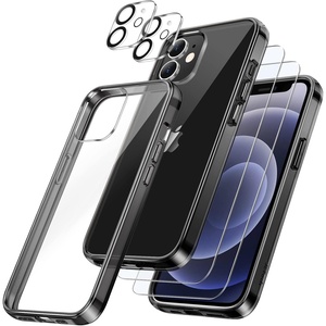 image:imageJETech 5 in 1 Case for iPhone 12 AntiYellowing Clear  2 Tempered Glass Screen Protectors 2 Camera Lens Protectors Shockproof Bumper Phone CoverBlack