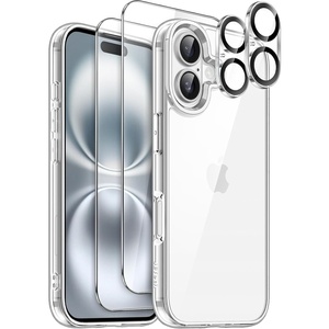 image:imageJETech 5 in 1 Case for iPhone 16 AntiYellowing Clear  2 Tempered Glass Screen Protectors 2 Camera Lens Protectors Shockproof Bumper Phone CoverClear