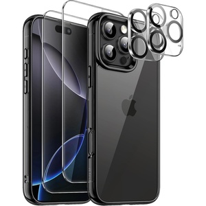 image:imageJETech 5 in 1 Case for iPhone 16 Pro Max AntiYellowing Clear  2 Tempered Glass Screen Protectors 2 Camera Lens Protectors Shockproof Bumper Phone CoverBlack