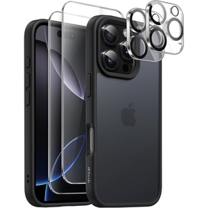 image:imageJETech 5 in 1 Matte Case for iPhone 16 Pro Max Black  2 Tempered Glass Screen Protectors 2 Camera Lens Protectors Translucent Back Protective Phone CoverBlack