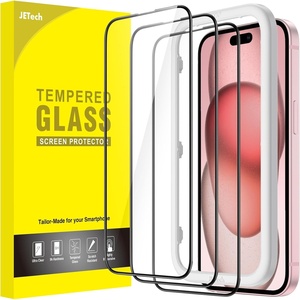image:imageJETech FullCoverage Screen Protector for iPhone 12 Pro Max 3Pack  Black Edge Tempered Glass Easy Installation Tool HD Clear CaseFriendlyiPhone 15
